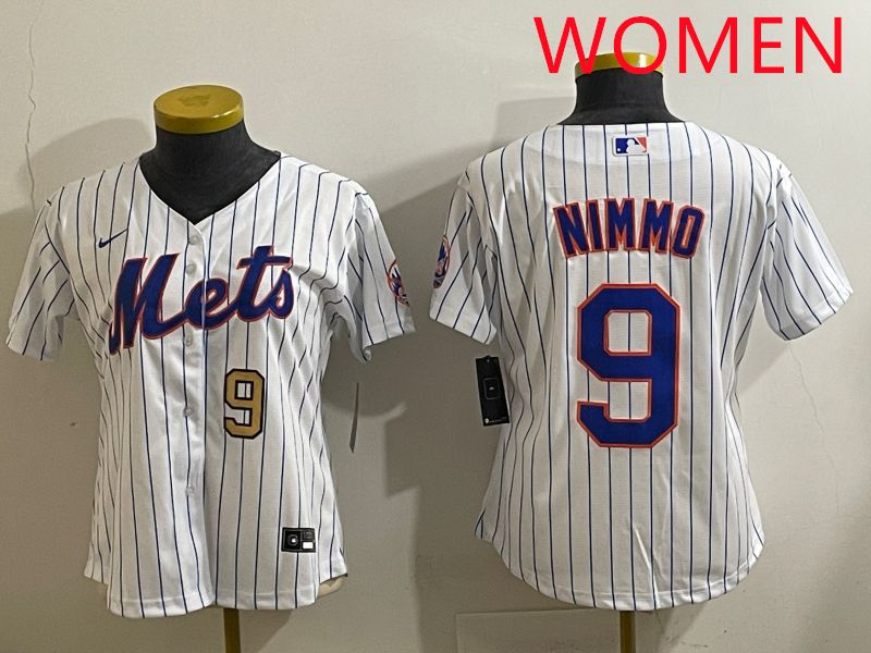 Women 2025 New York Mets 9 Nimmo White Stripe Game Nike MLB Jersey style 3